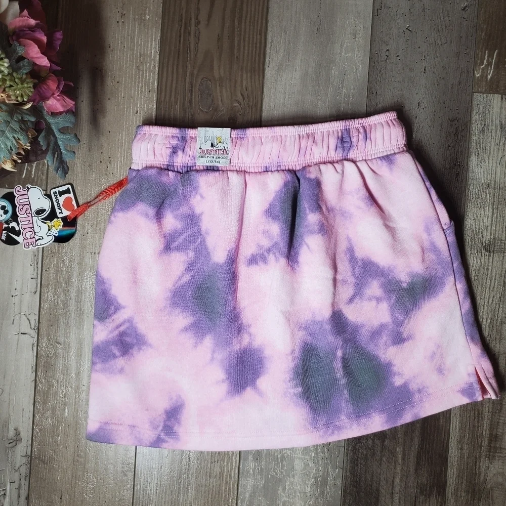 NWT Justice Girls Pink Purple Tie-Dye Snoopy Fleece Skirt Skort Size Large 12/14